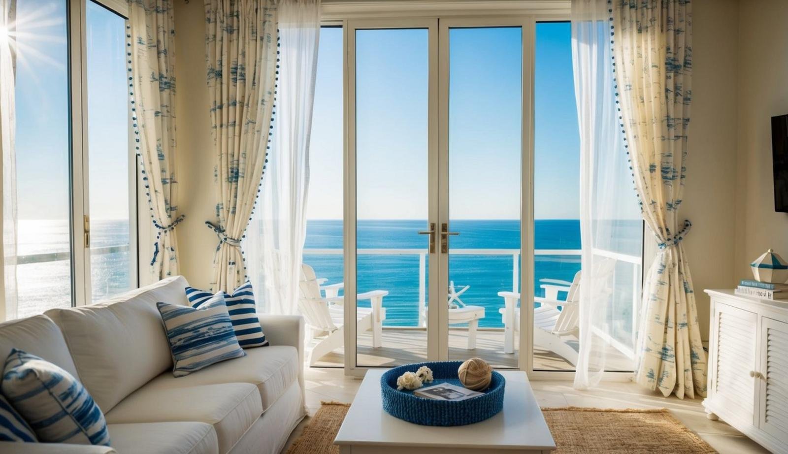 Sunlight filters through sheer beach-themed curtains in a cozy living room overlooking the ocean. White furniture and nautical decor complete the serene coastal atmosphere