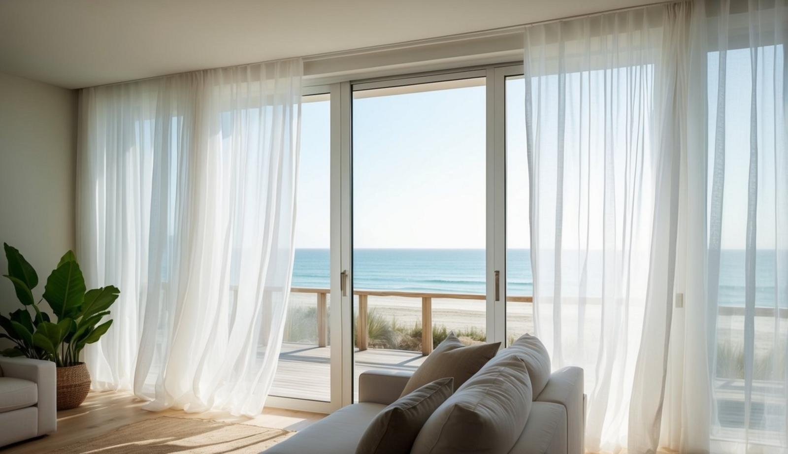 The sheer white voile curtains billow gently in the breeze of a beachfront living room, allowing soft sunlight to filter through and illuminate the space