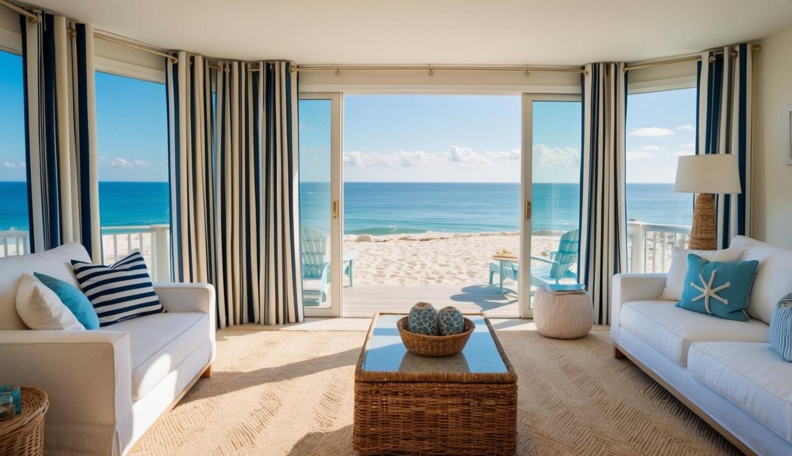 A beach living room with nautical stripe grommet panels curtains, overlooking the ocean with sandy floors and sea-themed decor