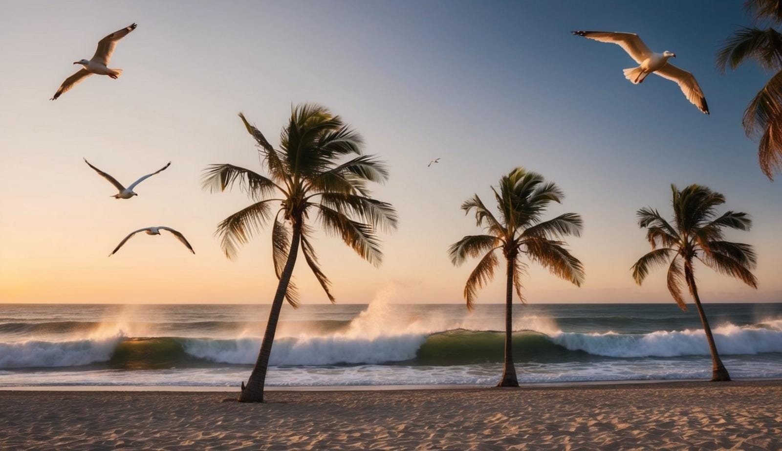 Sunset beach scene with waves crashing, palm trees swaying, and seagulls flying