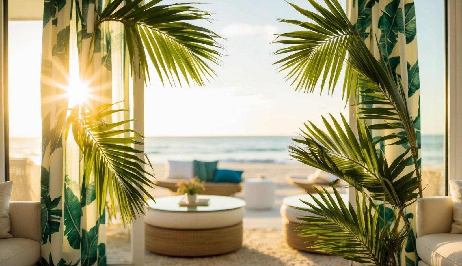 Tropical palm leaf curtains blowing in a beachfront living room with sunlight streaming through