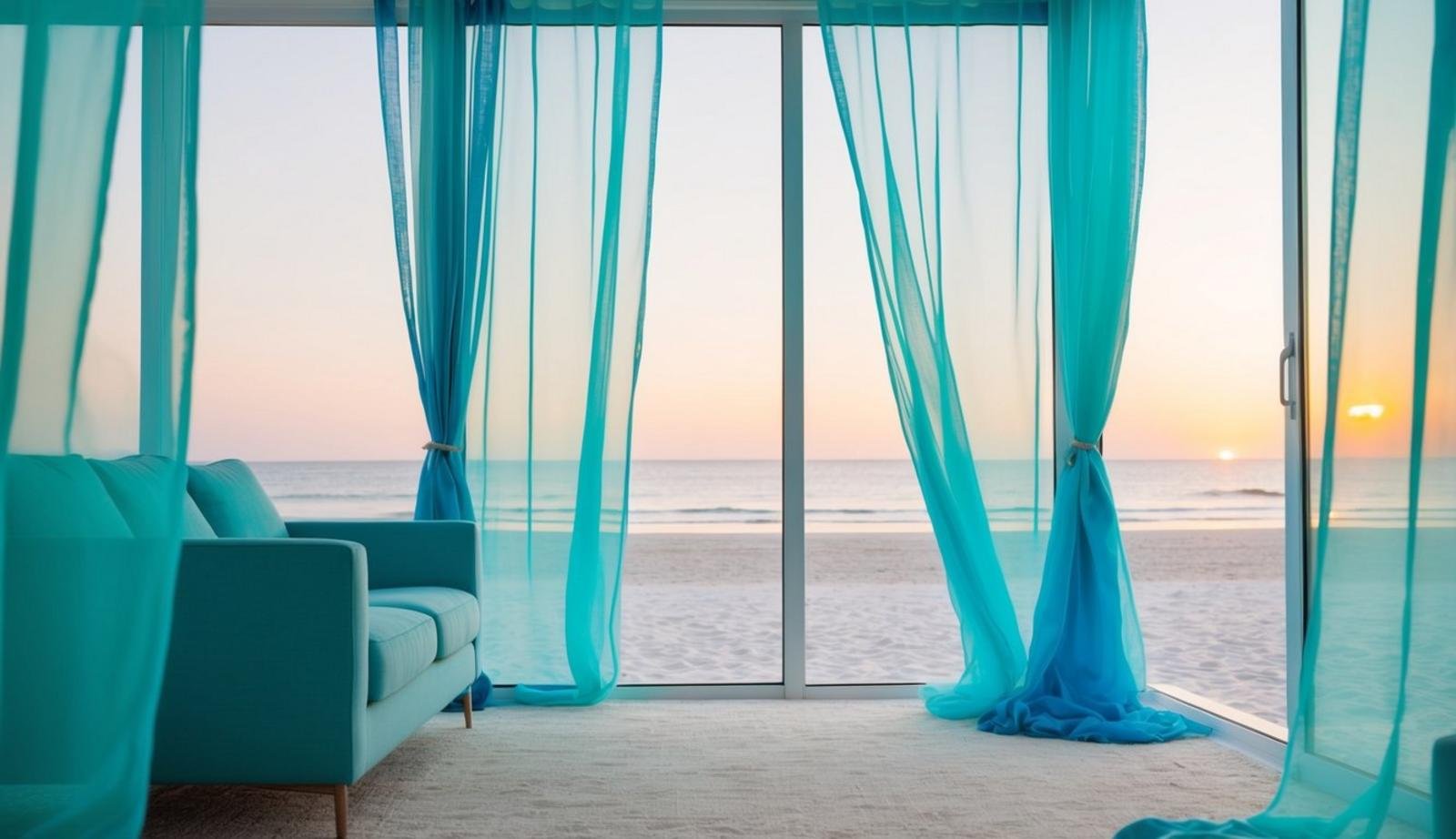 A beach living room with ombre aqua sheer panels billowing in the breeze, casting a soft, ethereal glow over the space