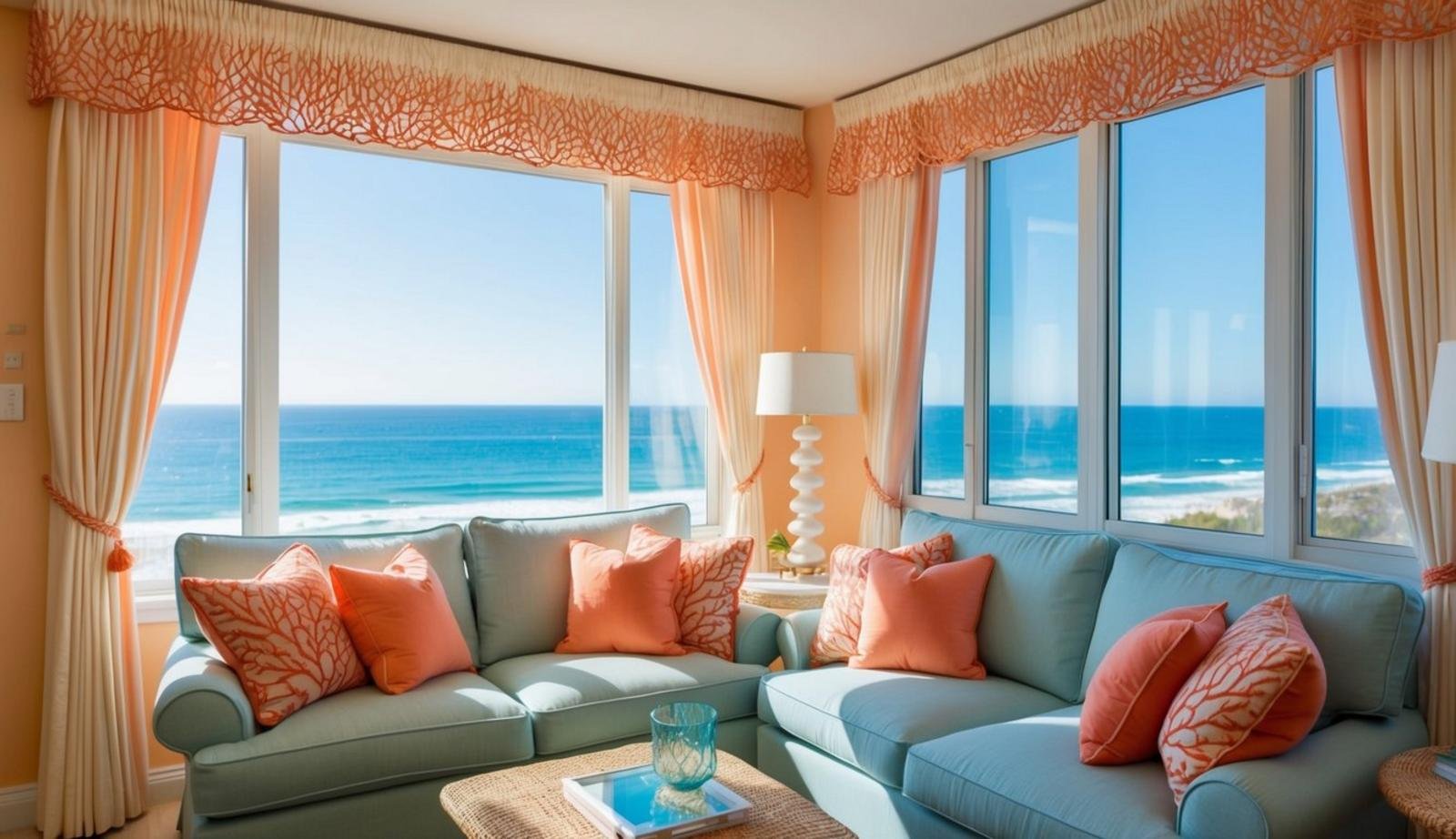 A beach living room with coral embroidered valance curtains, sunlight streaming in, and a view of the ocean through the window