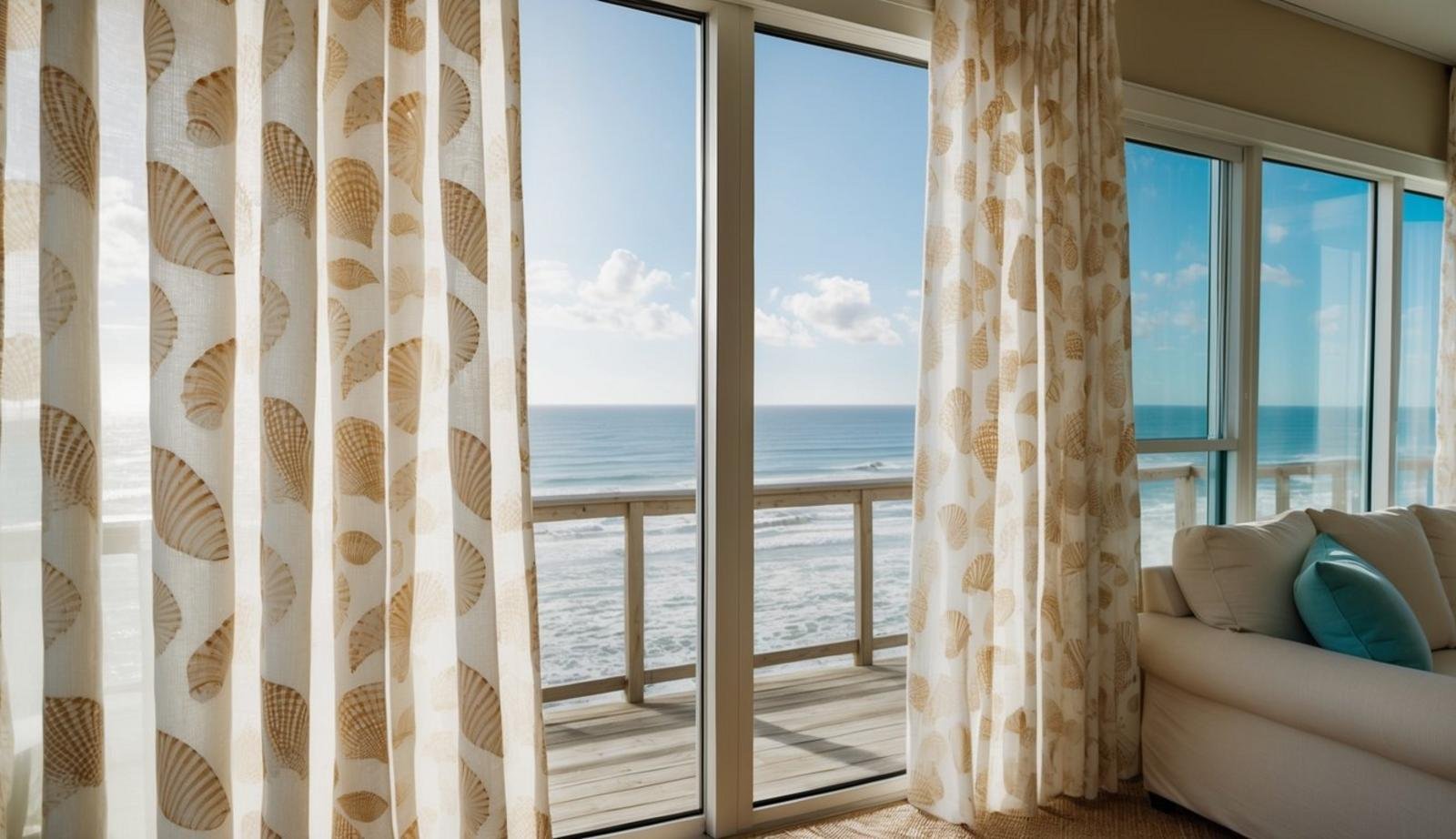 A beach living room with seashell patterned curtains, sunlight filtering through, and a view of the ocean outside