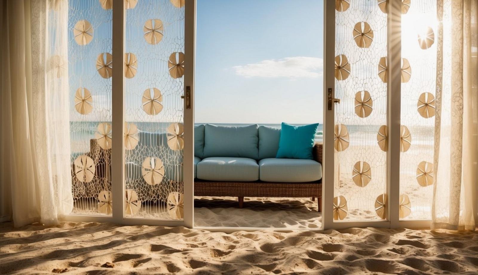 Sunlight filters through Sand Dollar Lace Panels onto a beach living room. The curtains billow gently in the breeze, casting delicate shadows on the sandy floor