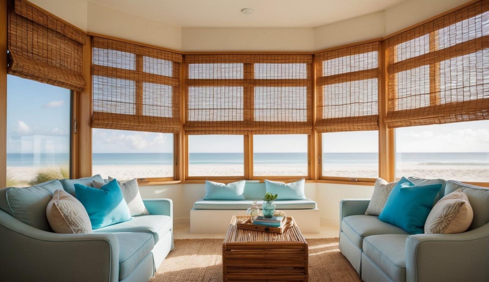 A beach living room with rattan bamboo shades drawn, letting in soft natural light