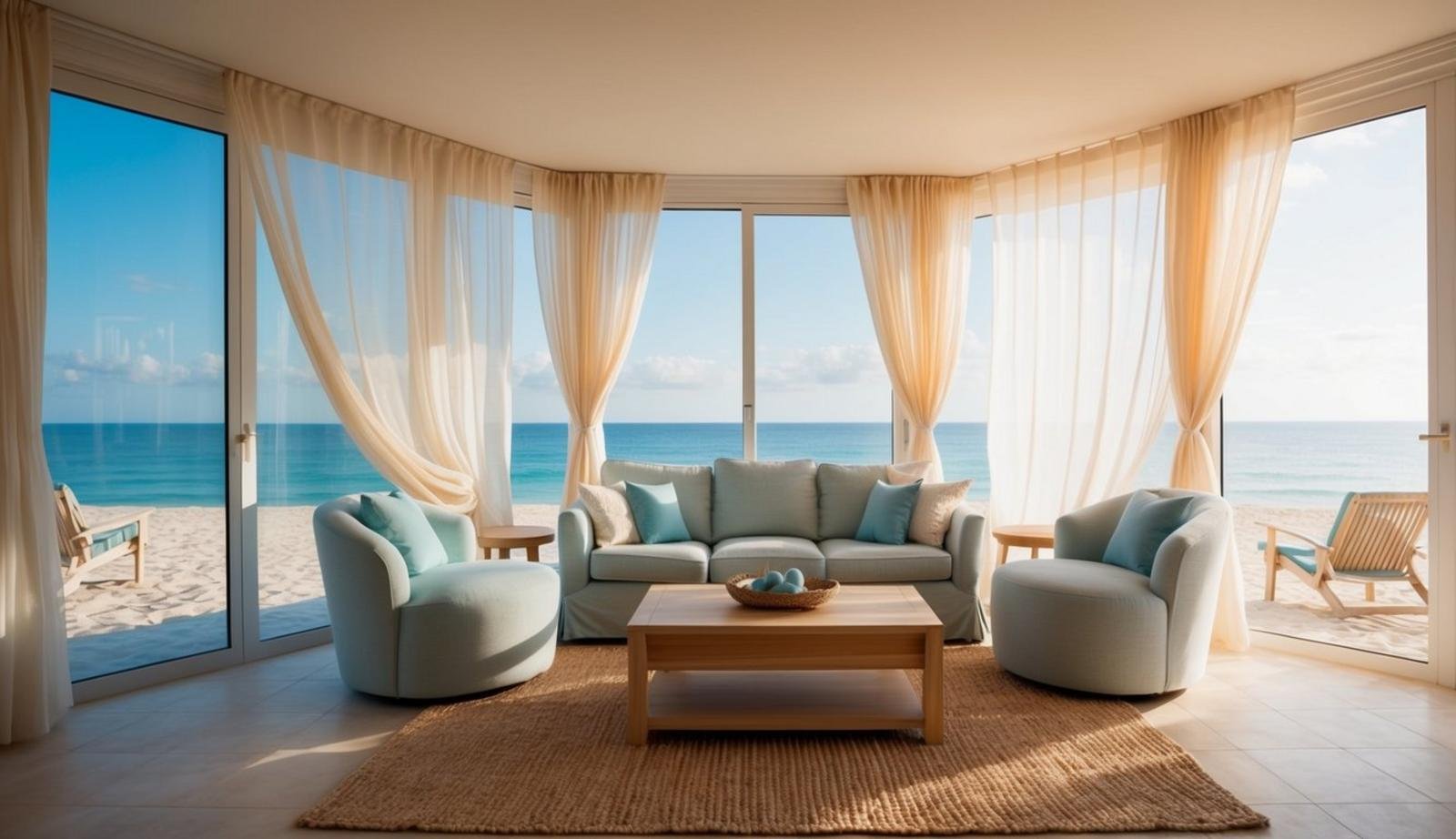 A cozy beach living room with light, flowing curtains made of sheer, breathable fabric, gently billowing in the ocean breeze
