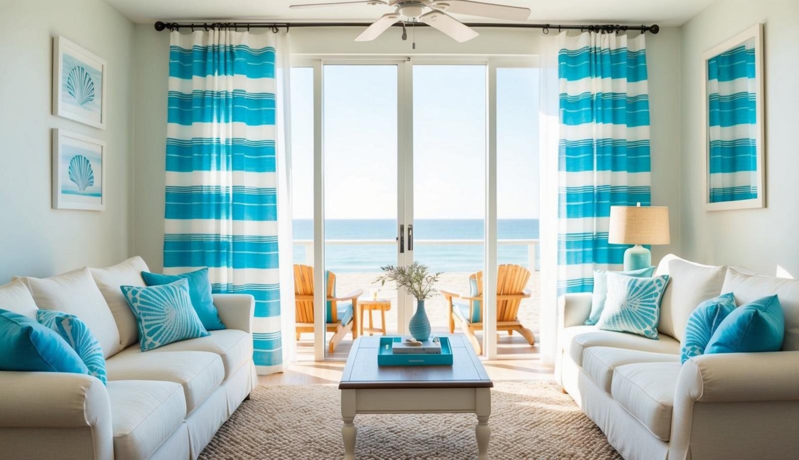 A beach-themed living room with light, airy curtains featuring blue and white stripes or seashell patterns