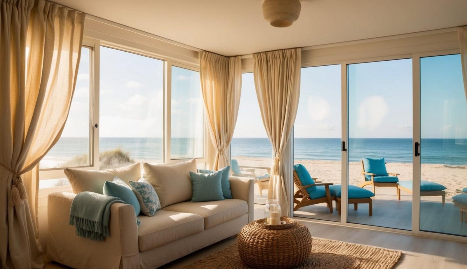 A cozy beach living room with billowing curtains, sunlight streaming in, and a gentle ocean breeze