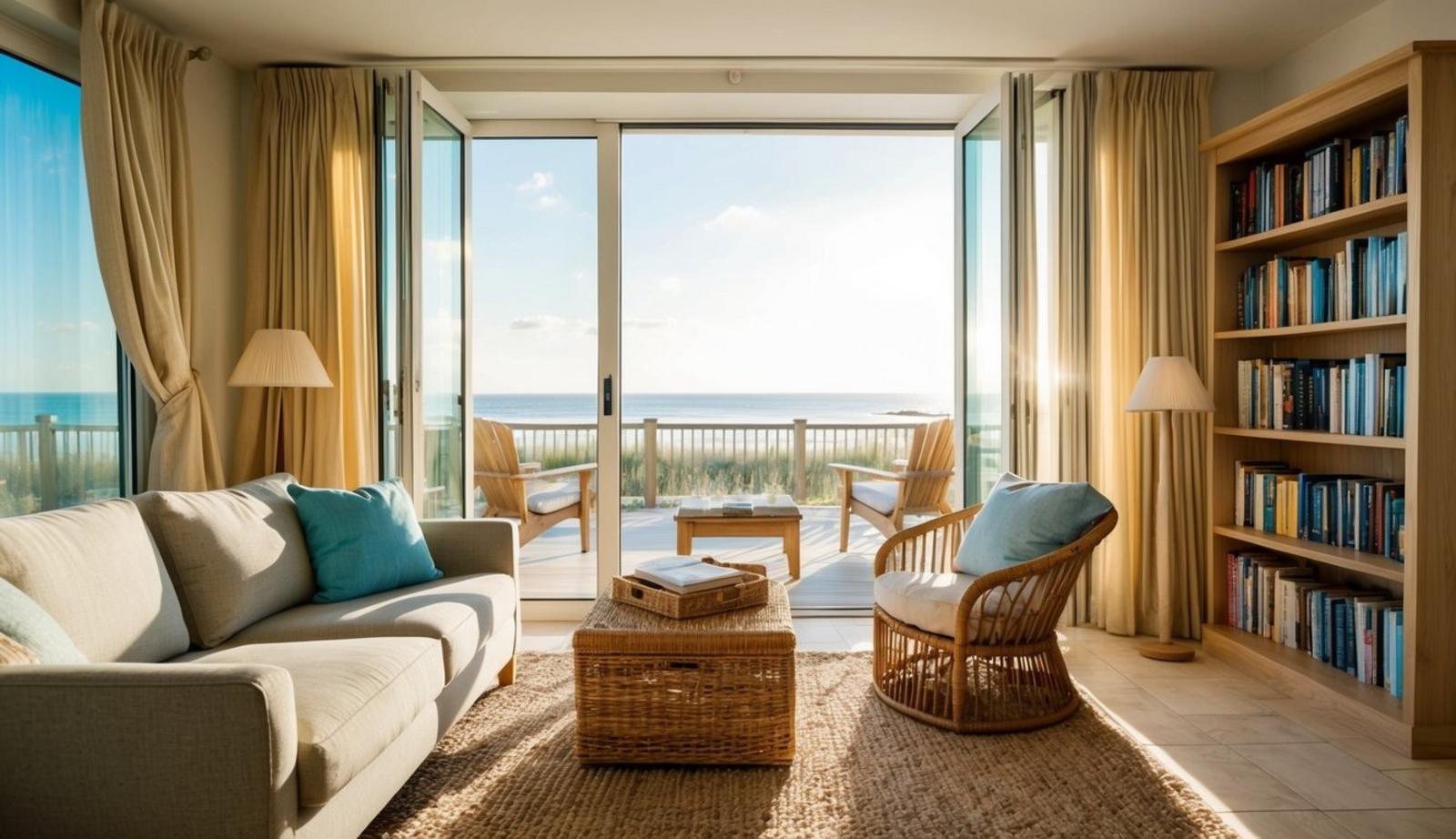 A cozy beach living room with sunlight streaming through open curtains, a bookshelf filled with books, and a comfortable seating area