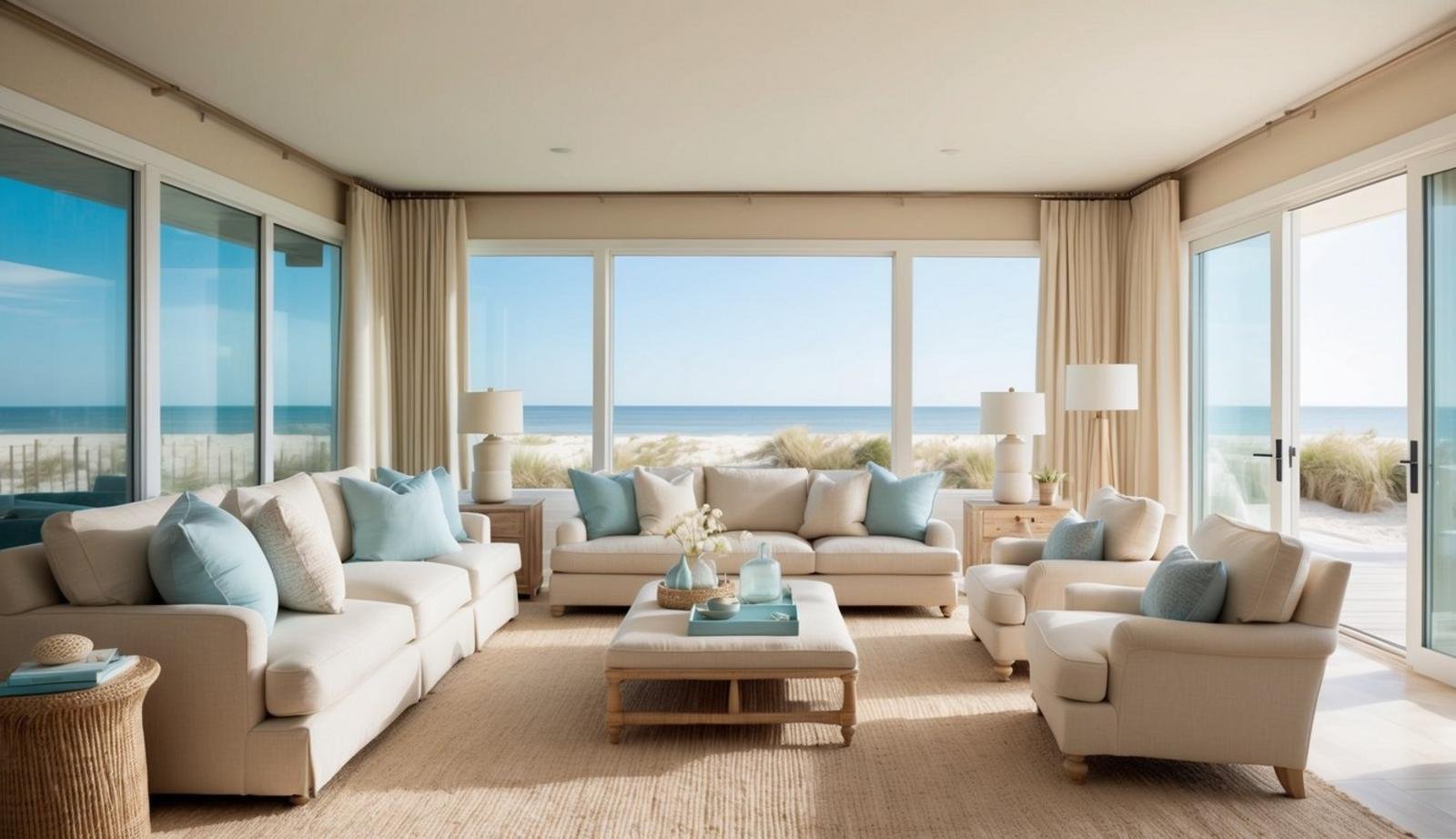 A spacious beach living room with large windows, light-colored furniture, and coastal decor. A soft, sandy color palette and natural textures create a relaxed, airy atmosphere