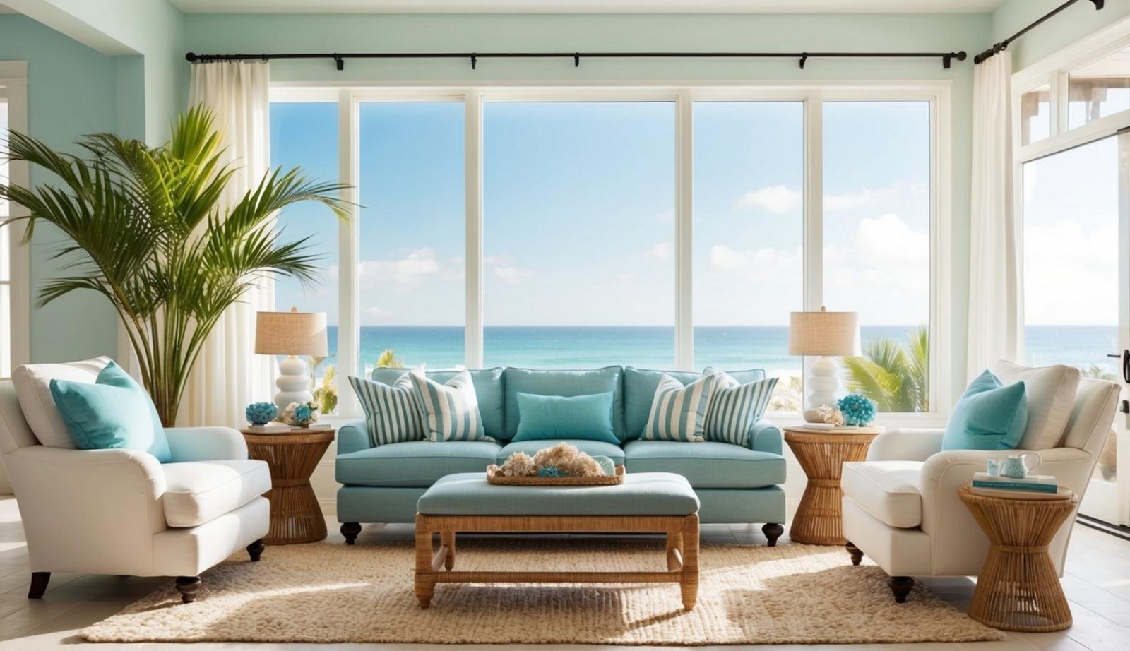 A coastal chic sofa sits in a bright beach living room, surrounded by natural light and ocean-inspired decor
