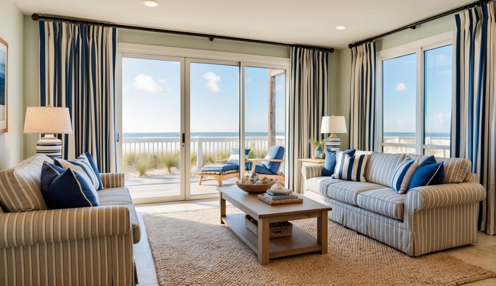 A beachfront living room with nautical stripe curtains, natural light, and coastal decor