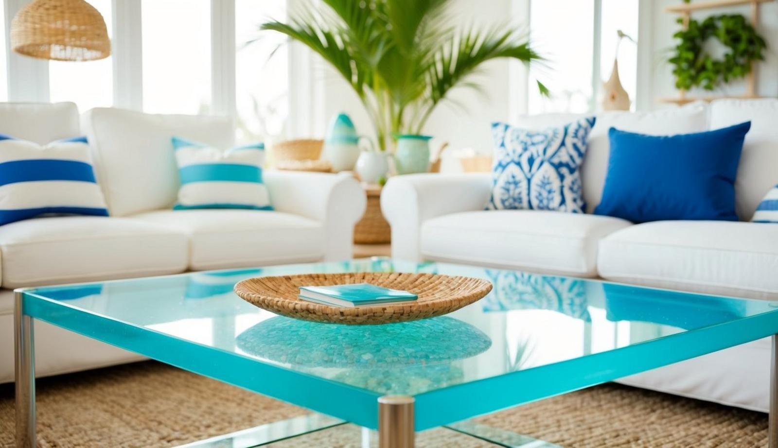 A sea glass coffee table sits in a bright beach-themed living room, surrounded by coastal decor and natural light