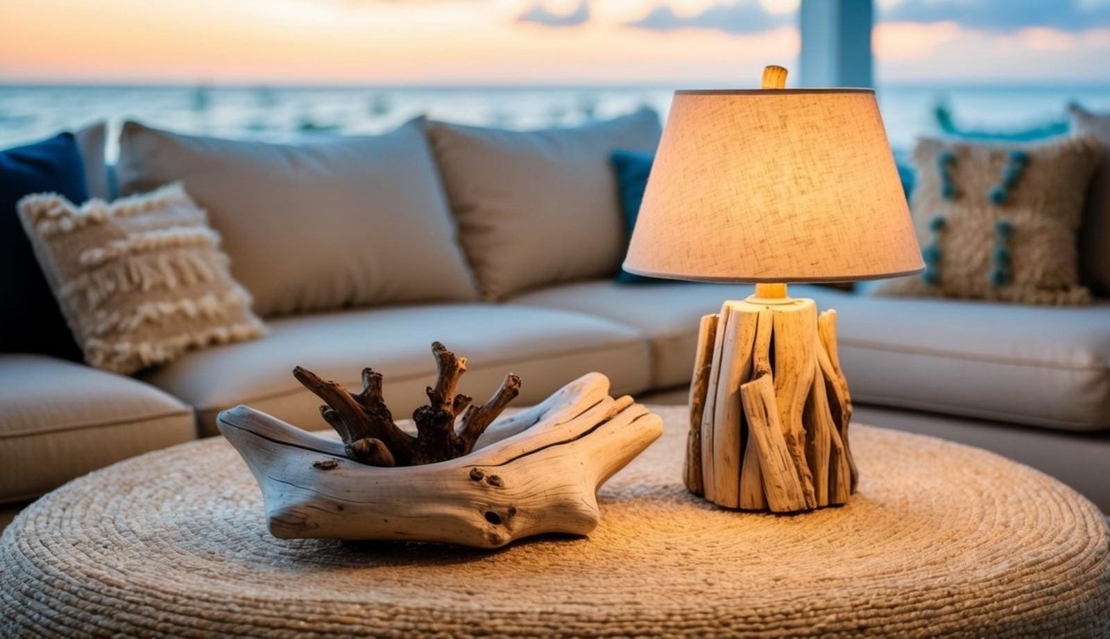 A cozy beach living room with a driftwood accent lamp, sandy hues, and natural textures