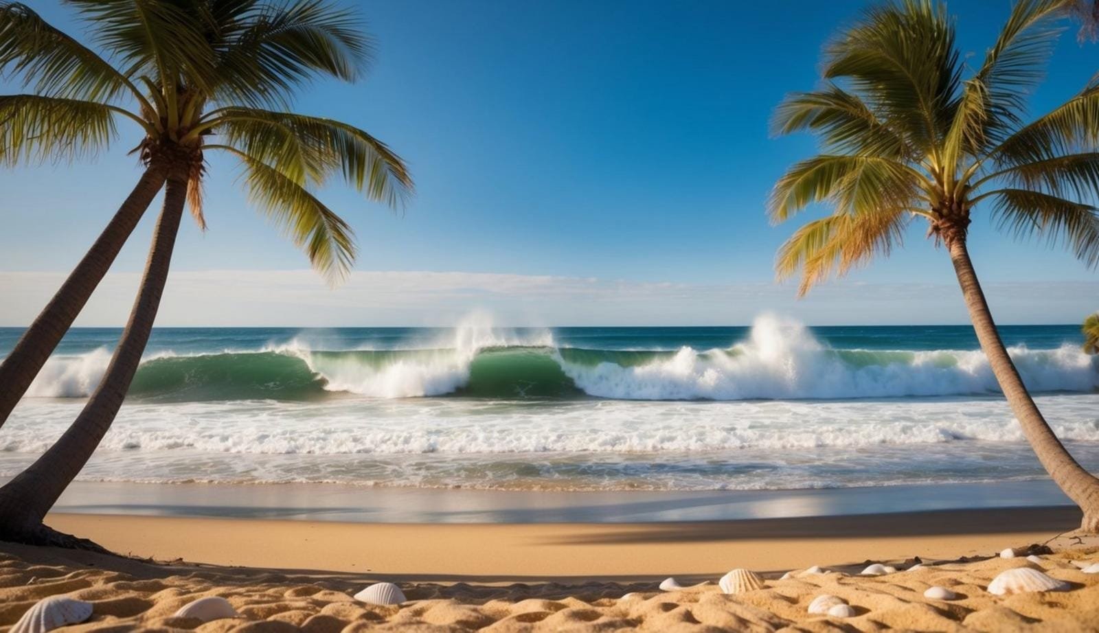 A serene beach scene with crashing waves, golden sand, and a clear blue sky, framed by palm trees and seashells