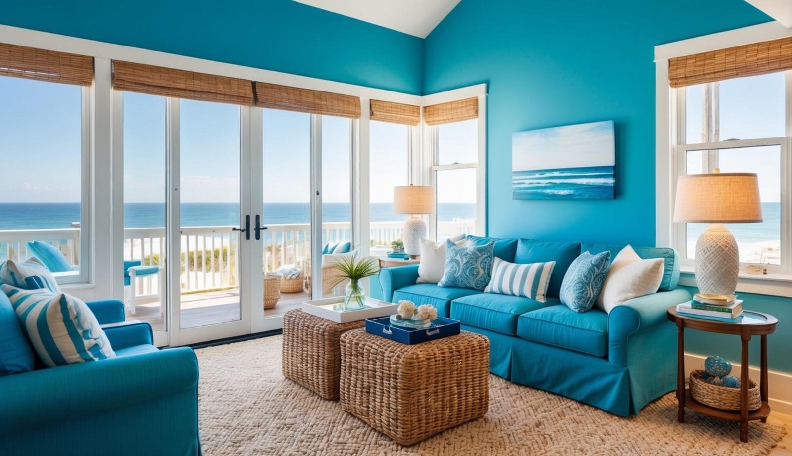 A cozy beach living room with a Seaside Blue paint scheme, featuring coastal decor, natural light, and ocean views