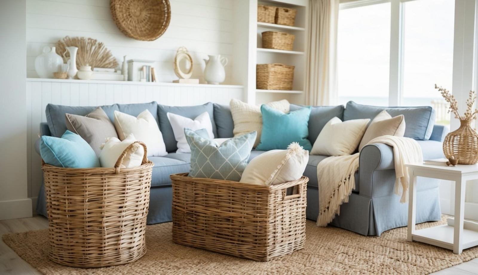 A cozy beach living room with wicker storage baskets filled with blankets and pillows, surrounded by coastal decor and natural light
