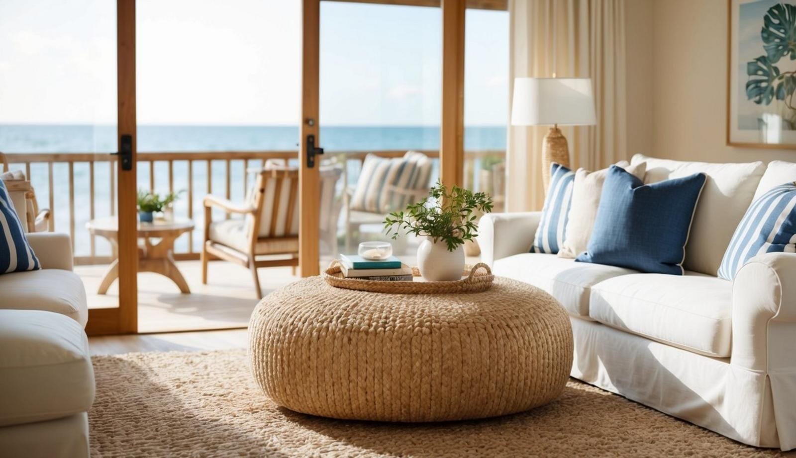 A cozy beach living room with an espadrille ottoman, natural light, and coastal decor
