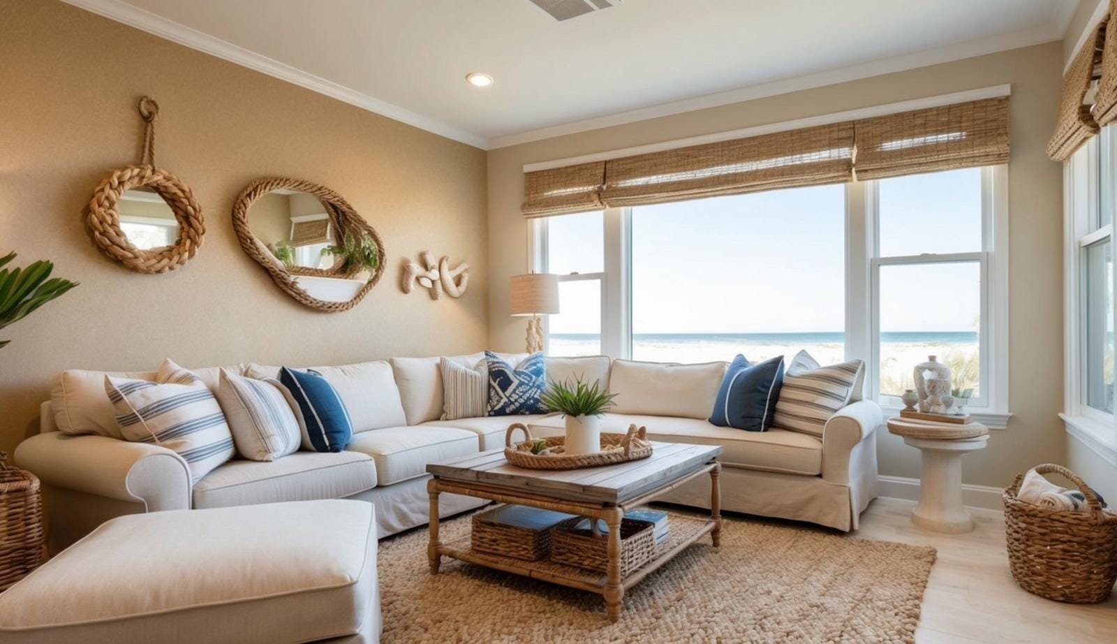A cozy beach living room with a sand-colored accent wall, adorned with nautical decor, natural textures, and plenty of natural light