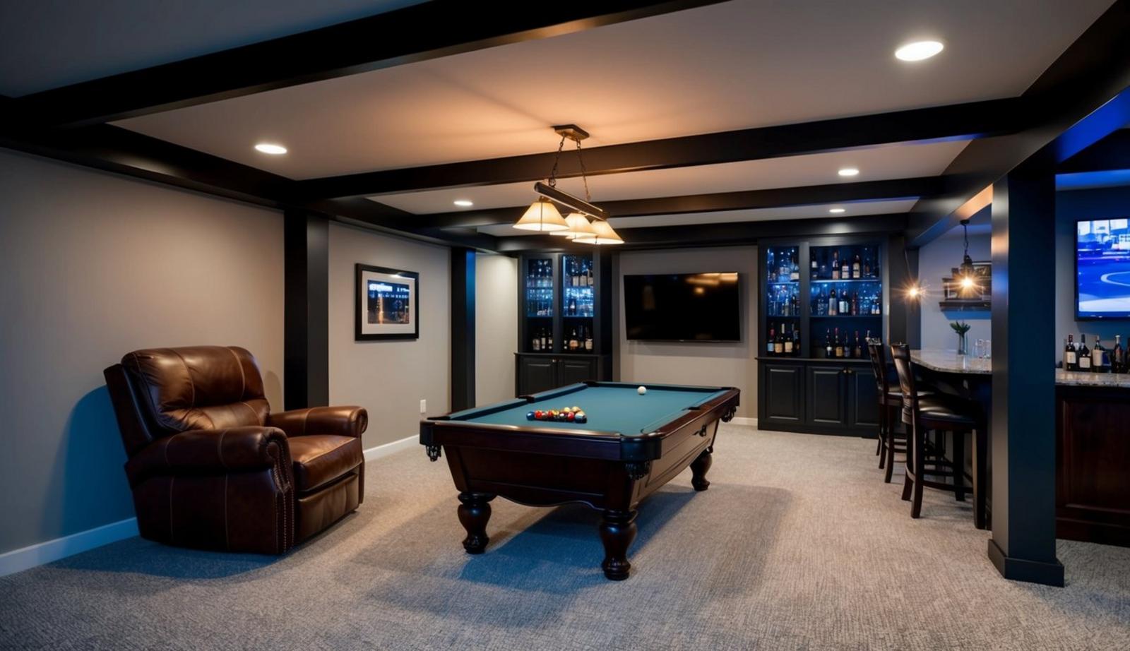 A dimly lit basement with a large leather recliner, a pool table, a wall-mounted TV, and a fully stocked bar
