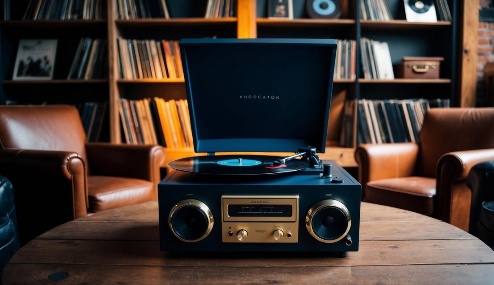 A vintage vinyl record player sits on a wooden table in a dimly lit man cave, surrounded by leather armchairs and shelves of old records