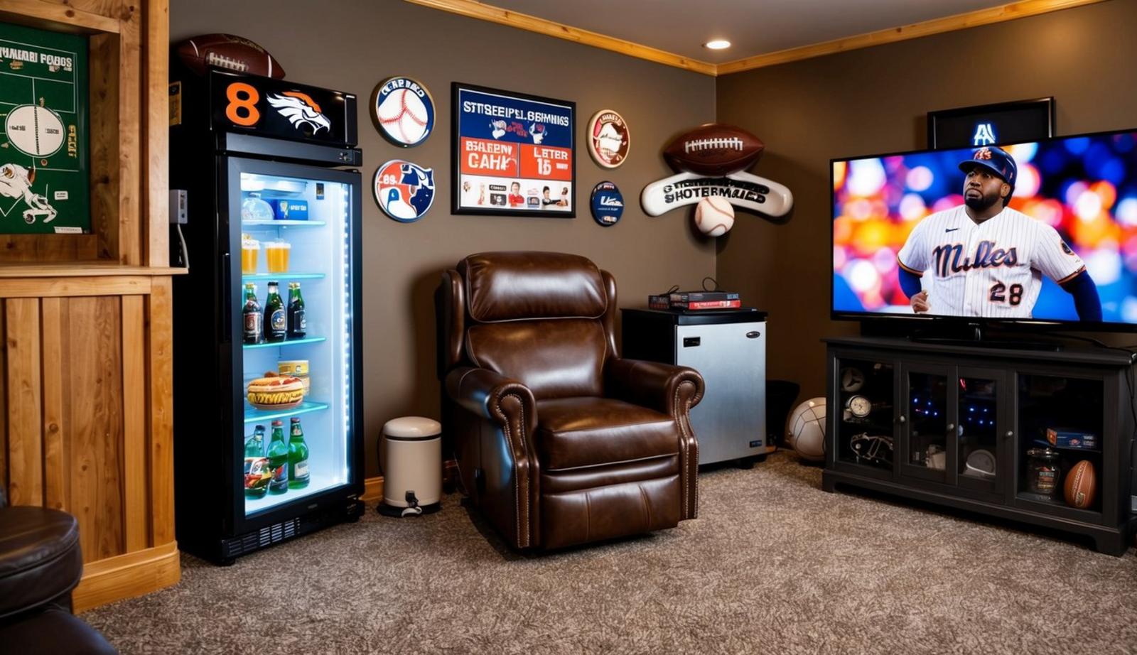 A cozy man cave with a classic leather recliner as the centerpiece, surrounded by a mini fridge, a big screen TV, and sports memorabilia