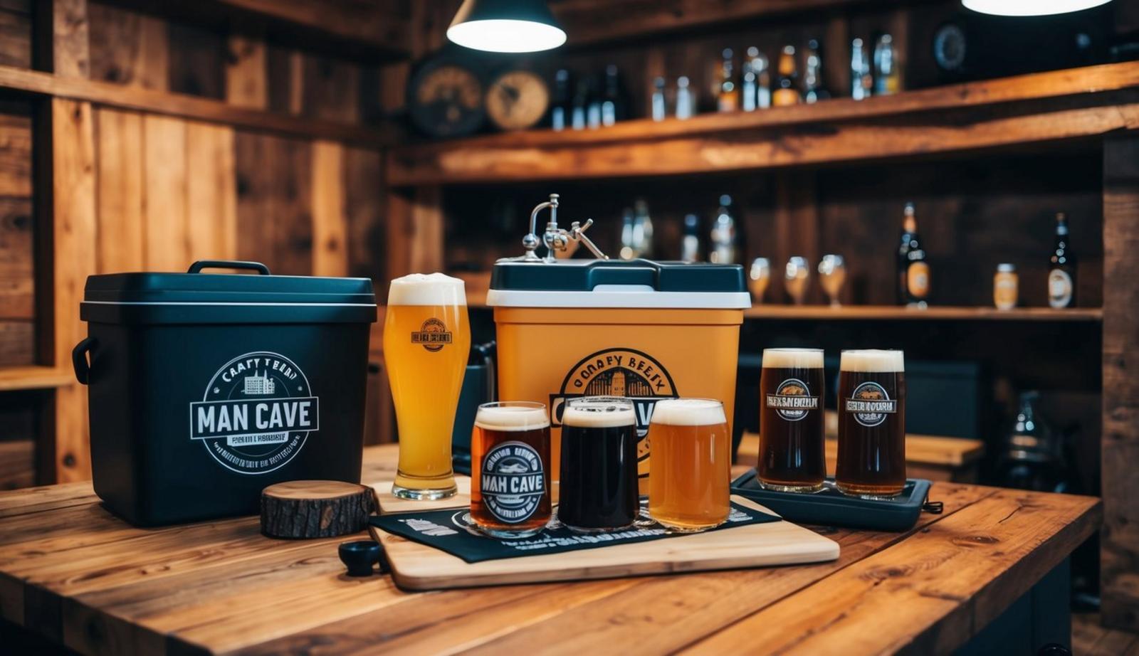 A cozy man cave with a craft beer brewing kit, surrounded by rustic wooden furniture and dim lighting
