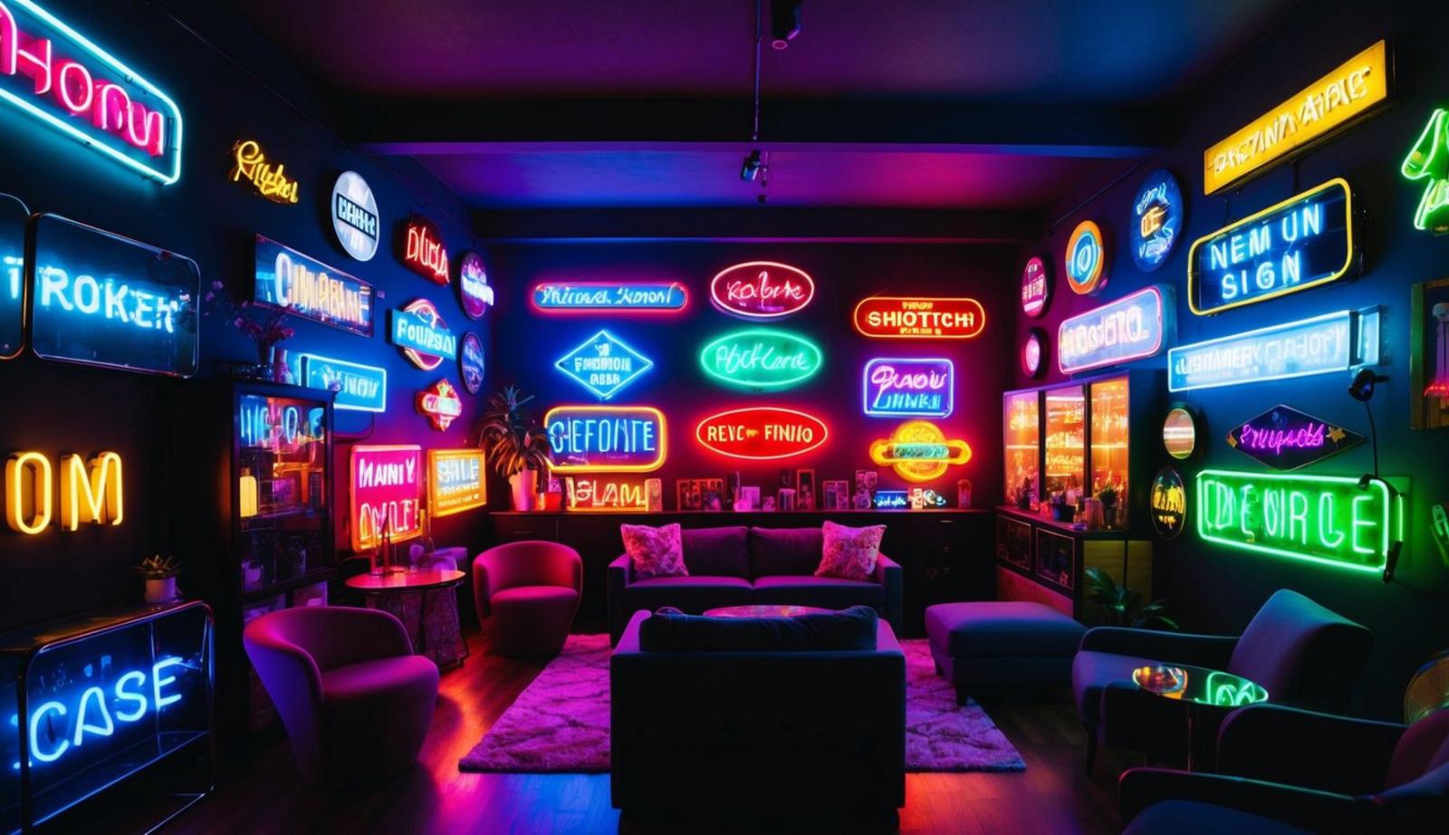 A dimly lit room filled with various neon signs, casting a colorful glow over a collection of furniture and decor