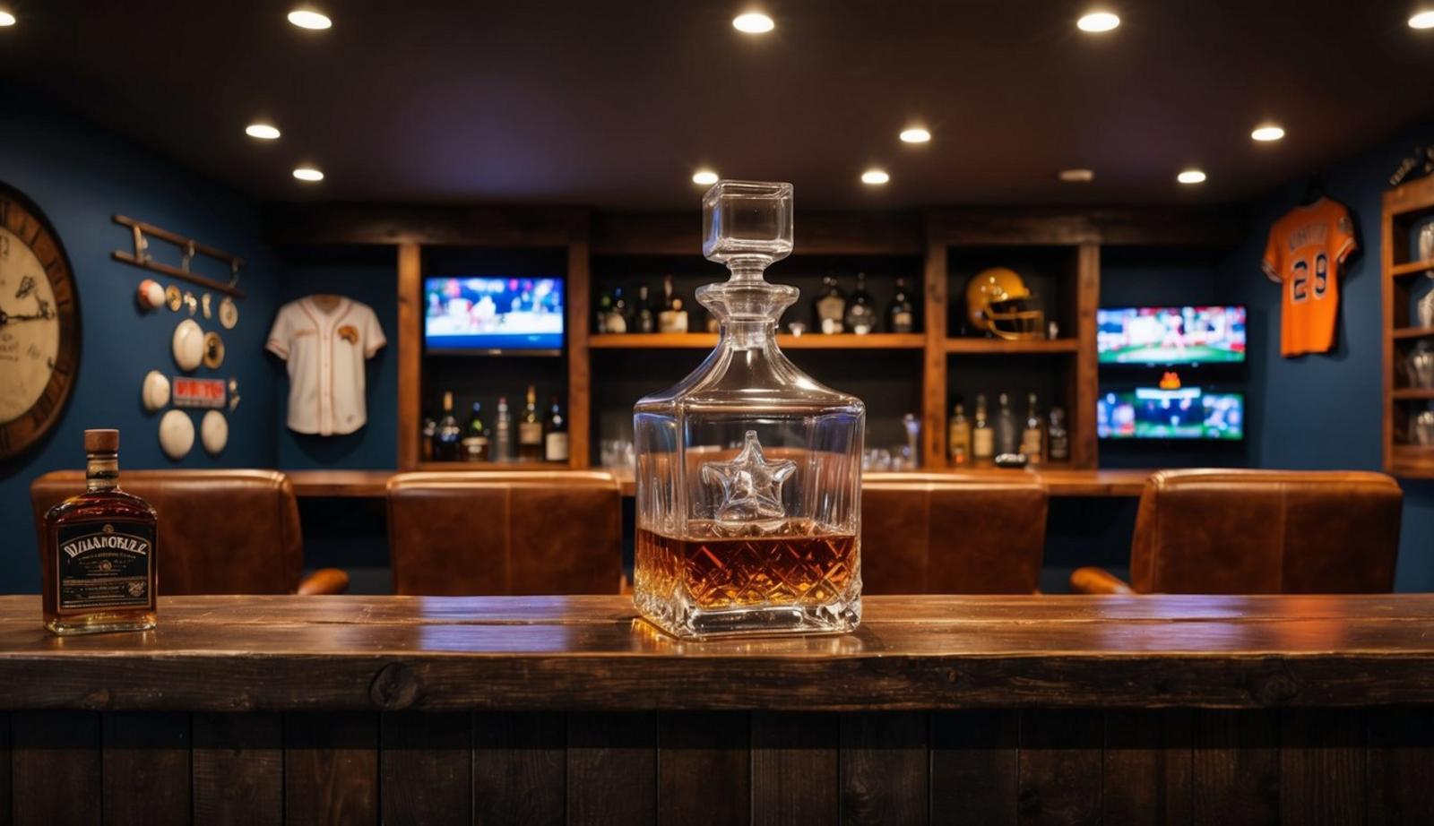 A dimly lit man cave with a whiskey decanter set on a rustic wooden bar, surrounded by leather armchairs and vintage sports memorabilia