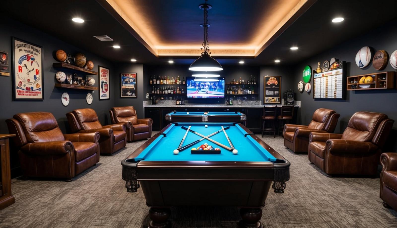 A luxurious custom pool table sits in the center of a dimly lit man cave, surrounded by leather recliners, a fully stocked bar, and vintage sports memorabilia