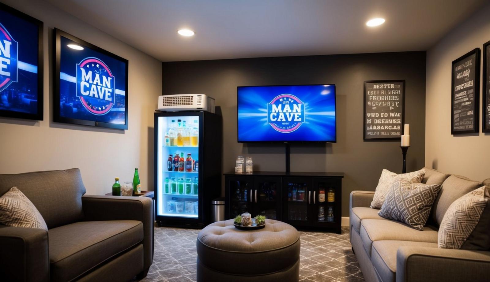 A cozy man cave with a flat-screen TV mounted on the wall, surrounded by comfortable seating and a mini-fridge stocked with drinks