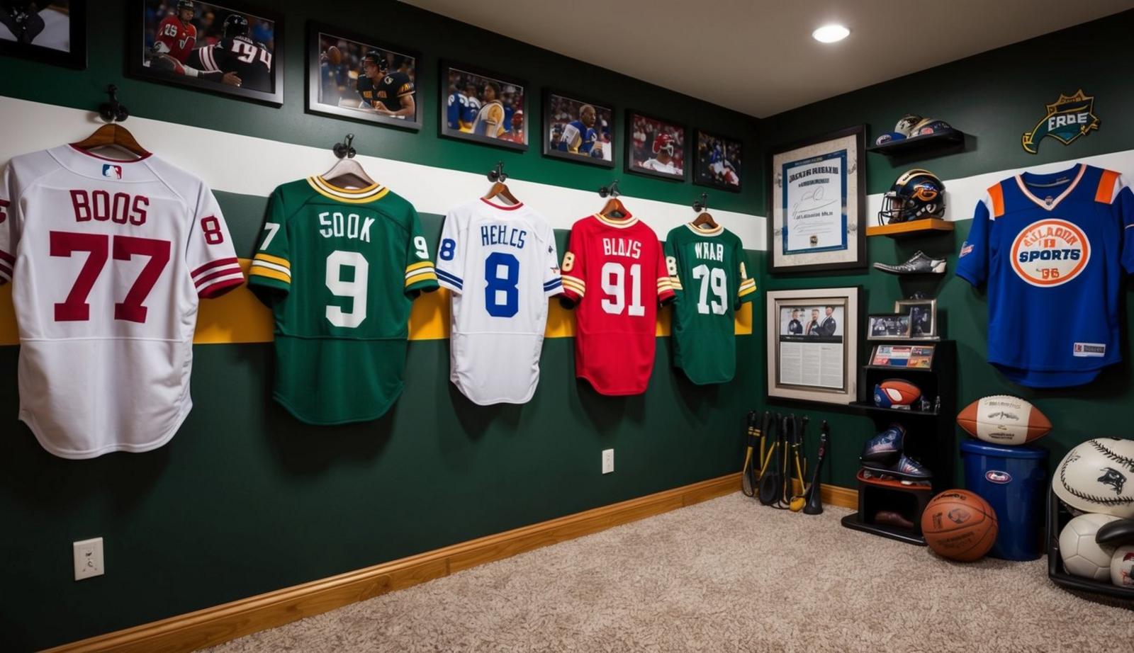 A wall adorned with sports memorabilia, including jerseys, signed photos, and equipment, creating the ultimate man cave atmosphere