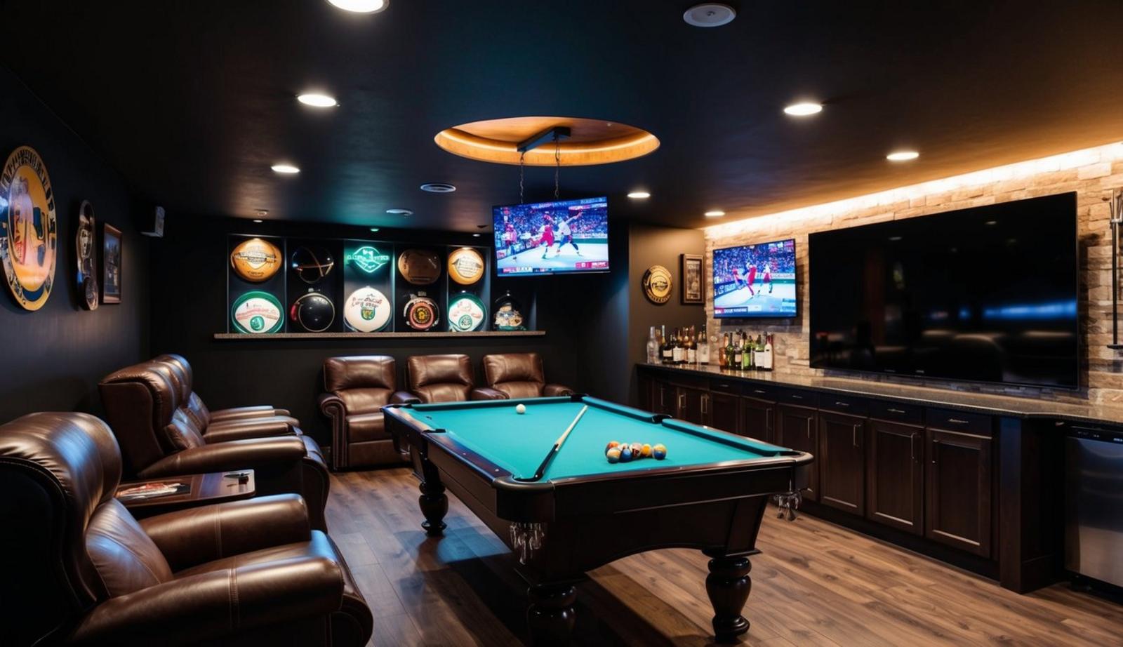 A dimly lit room with leather recliners, a pool table, and a large flat-screen TV mounted on the wall. Sports memorabilia and a well-stocked bar complete the space