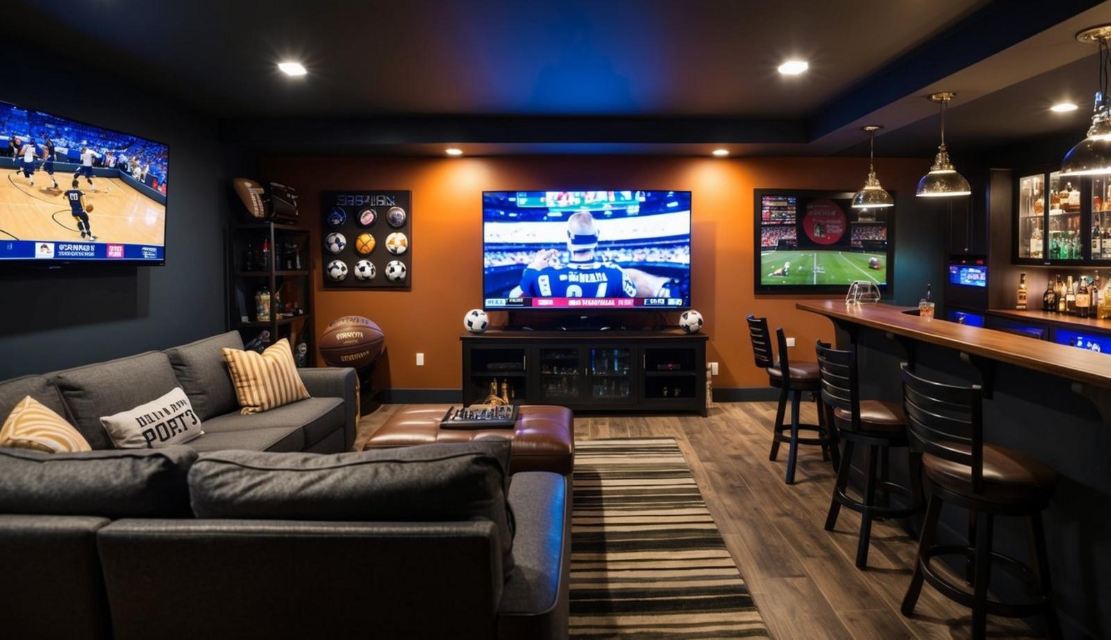 A cozy, dimly lit man cave with a large TV, comfortable seating, sports memorabilia, and a well-stocked bar