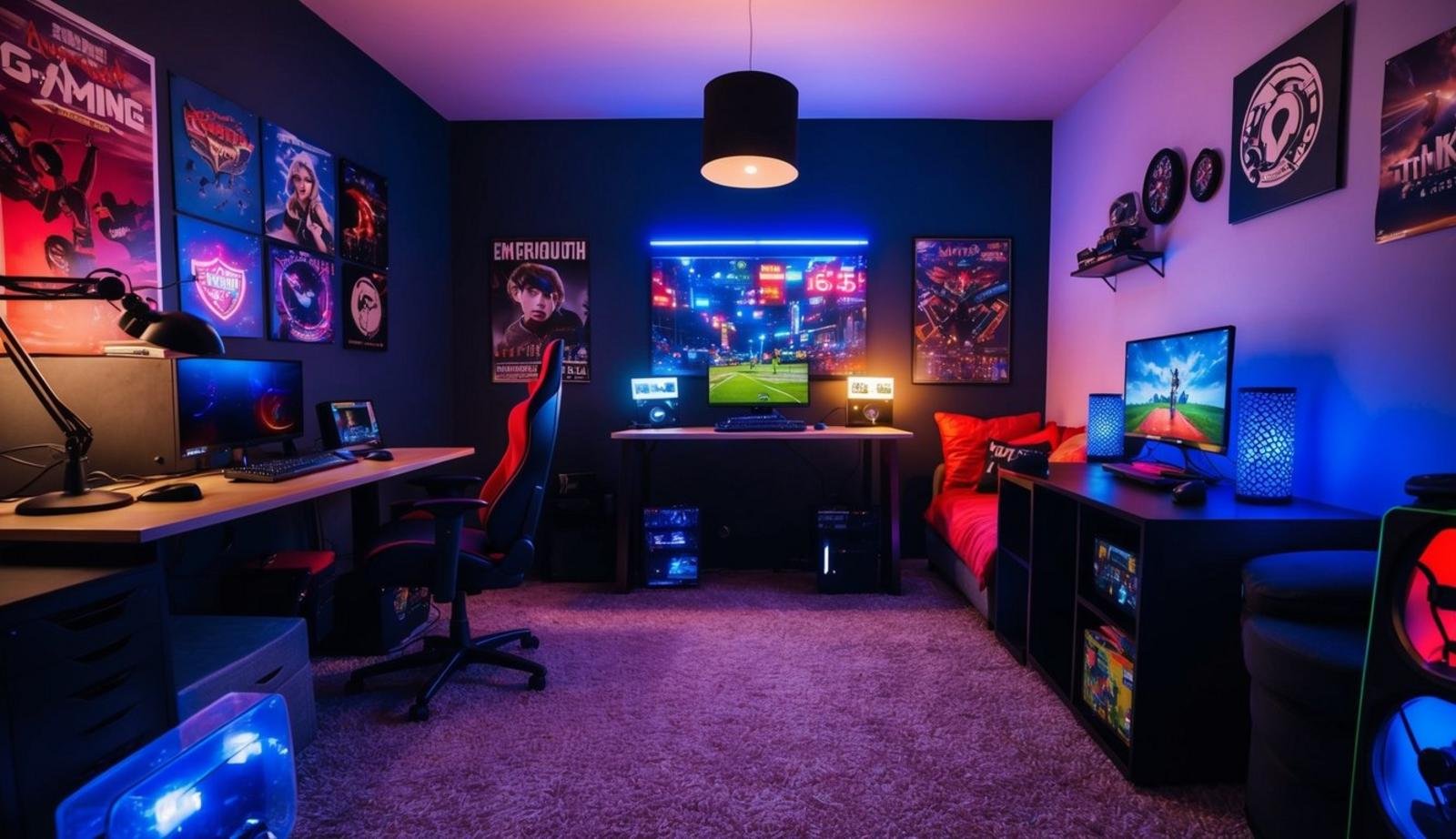 A teenage boy's room with LED lights casting a vibrant glow on posters, gaming setup, and cozy seating area