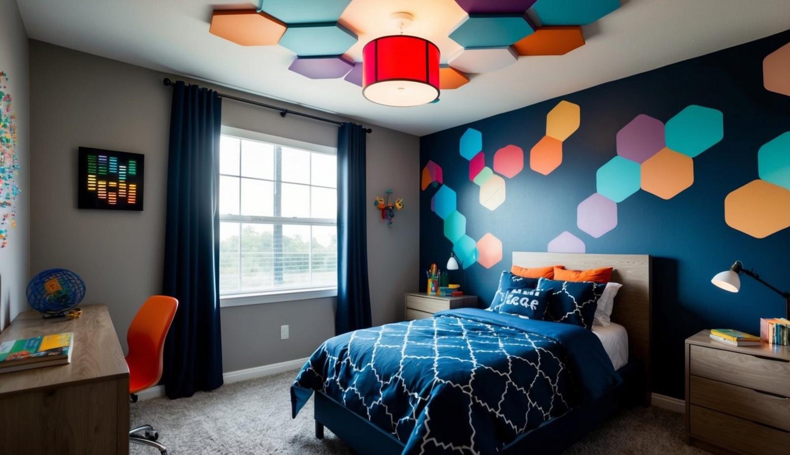 A teenage boy's room with Nanoleaf Shapes LED lights creating colorful patterns on the walls and ceiling