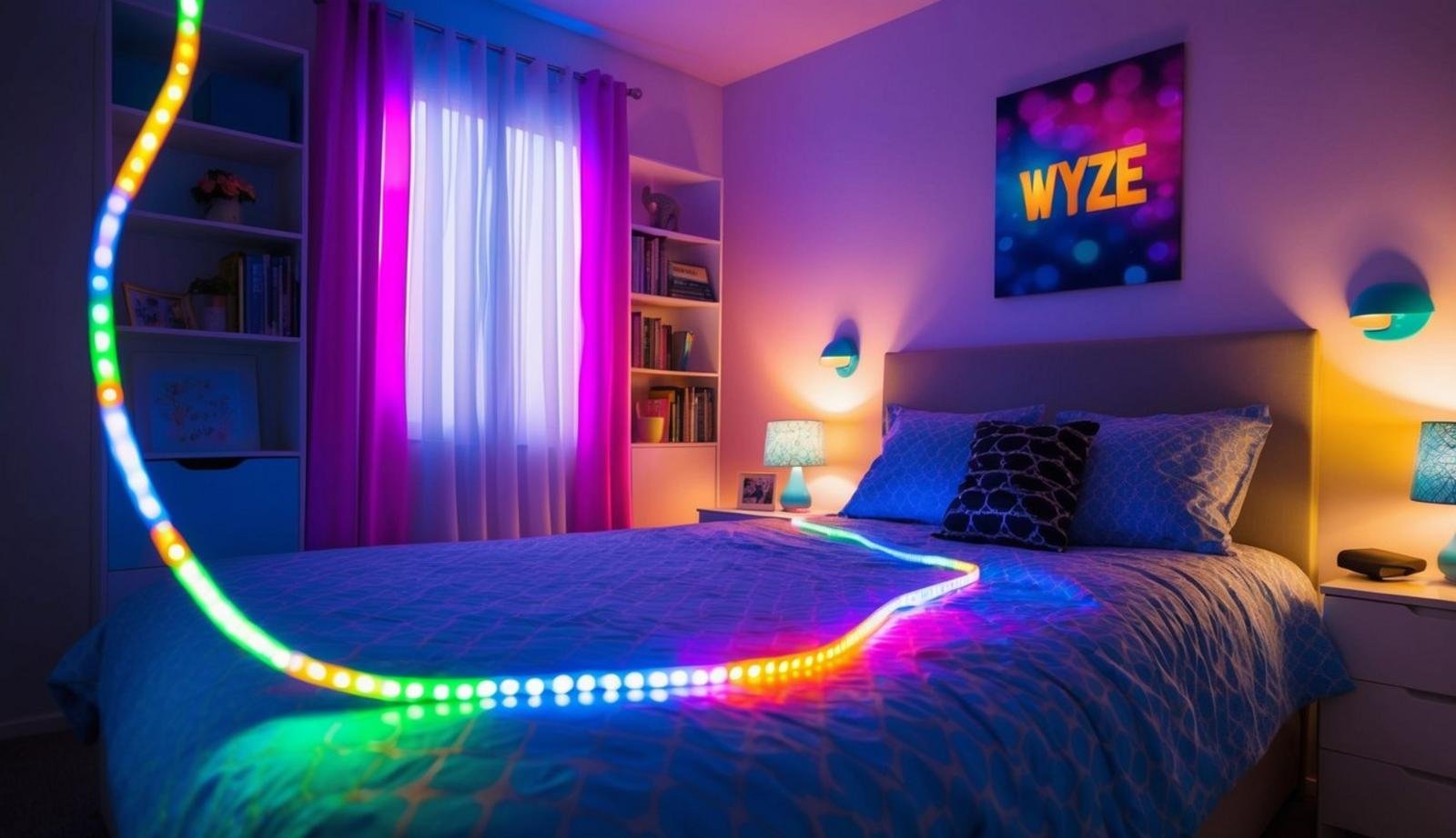 A teenager's bedroom with a Wyze Light Strip illuminating the room with colorful LED lights, creating a vibrant and modern atmosphere