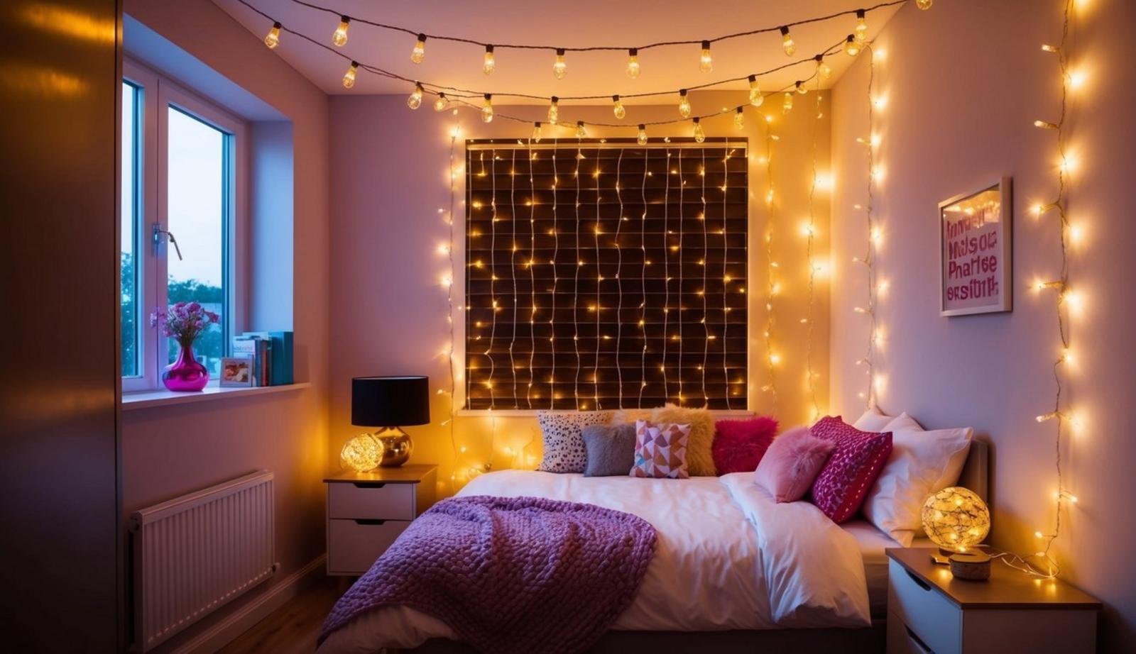 A teenager's room with RGBIC twinkle fairy lights hanging from the ceiling, creating a cozy and magical atmosphere