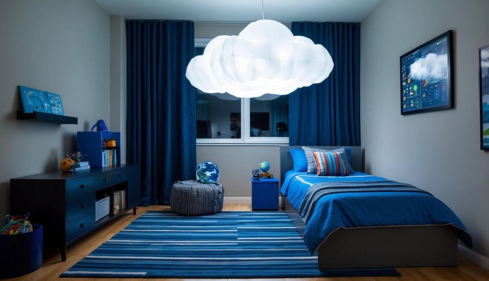 A teenage boy's room with a remote-controlled LED cloud illuminating the space, creating a cool and futuristic atmosphere