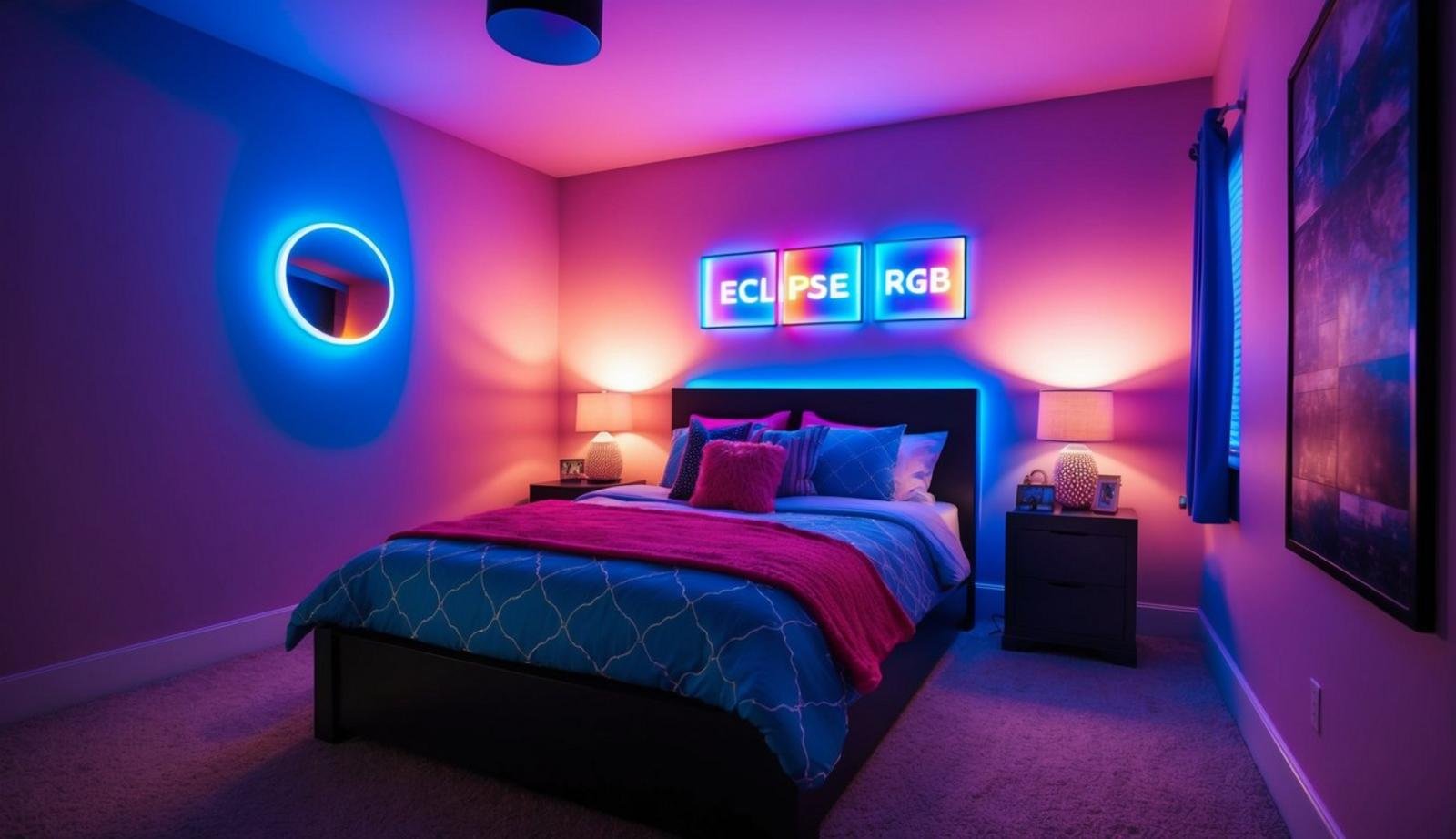 A teenager's bedroom with Eclipse Smart RGB LED lights casting a colorful glow on the walls, creating a vibrant and futuristic atmosphere