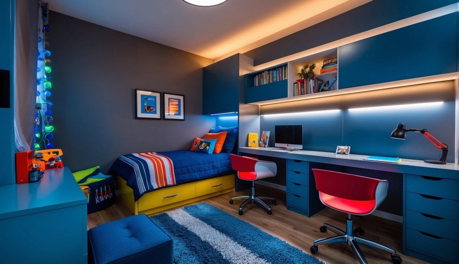 A modern teenage boys' room with functional furniture, a cozy study area, and LED lights creating a cool and vibrant atmosphere