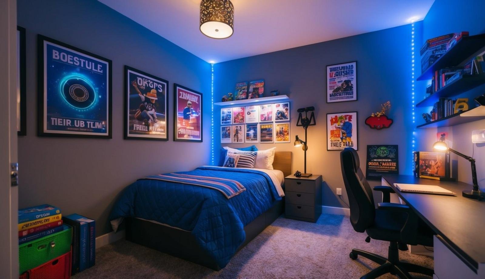 A teenage boy's room with LED lights, posters, and a cozy study nook
