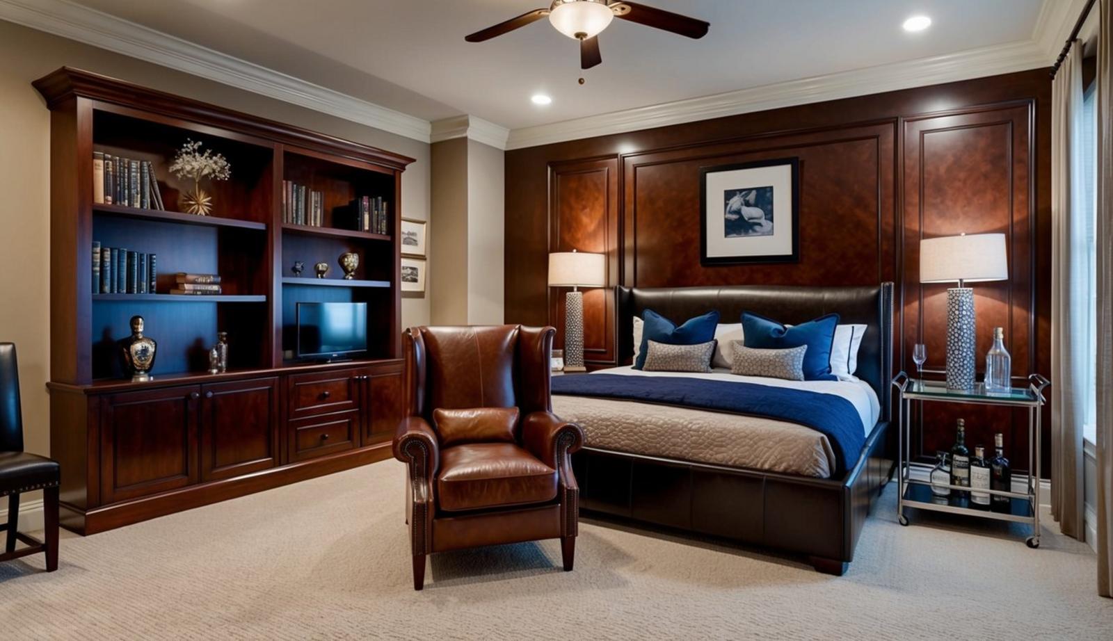 A sophisticated man cave bedroom with leather armchair, mahogany bookshelves, and a sleek bar cart. Rich colors and elegant decor create a refined atmosphere