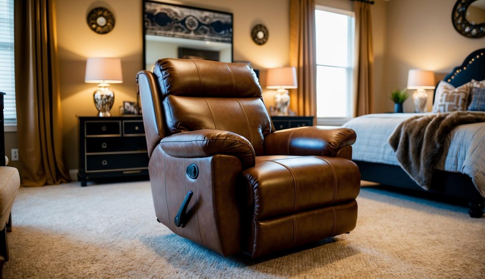 A leather recliner chair sits in a classy man cave bedroom, surrounded by elegant decor and warm lighting