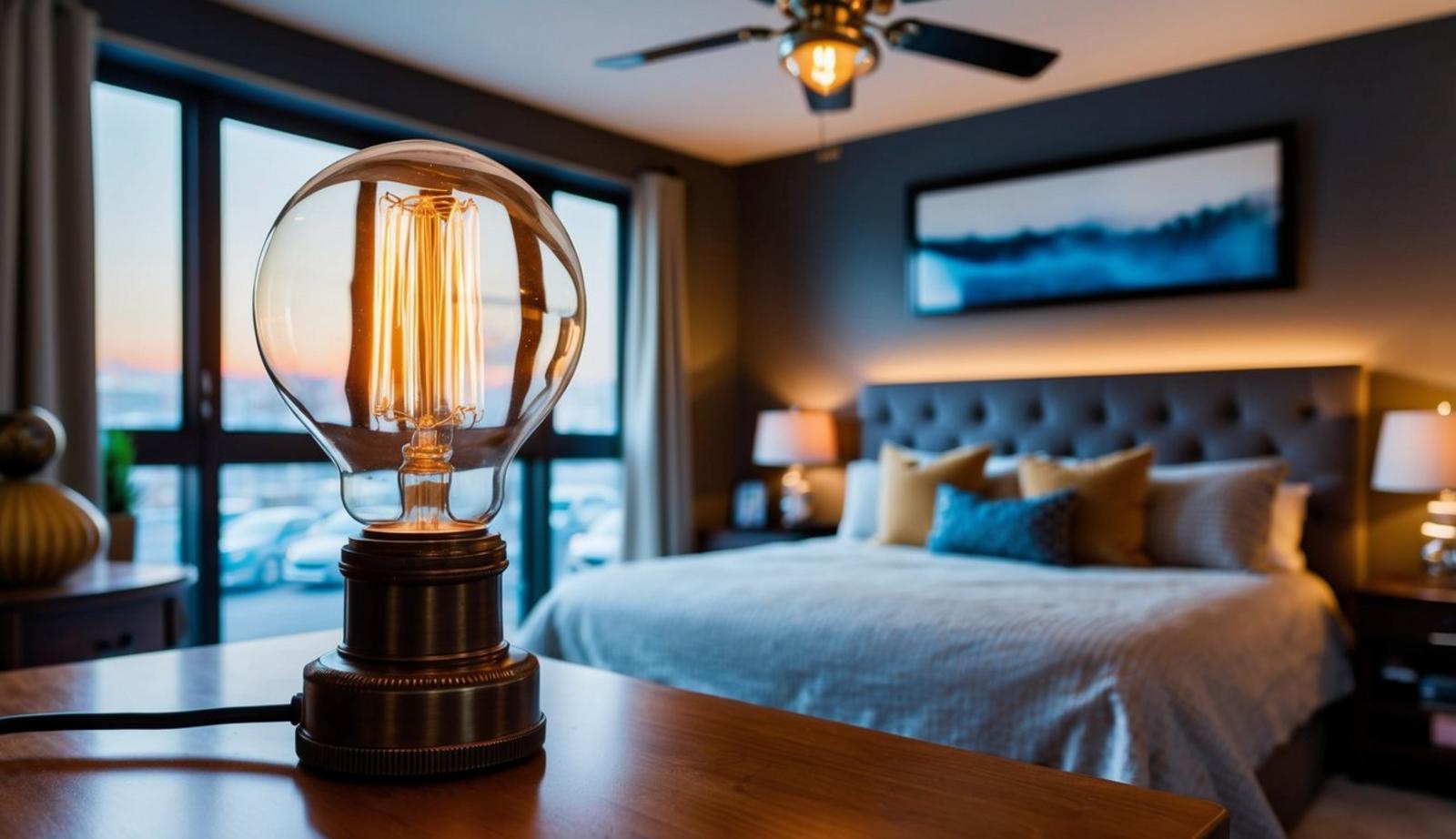 A vintage Edison bulb lamp illuminates a classy man cave bedroom