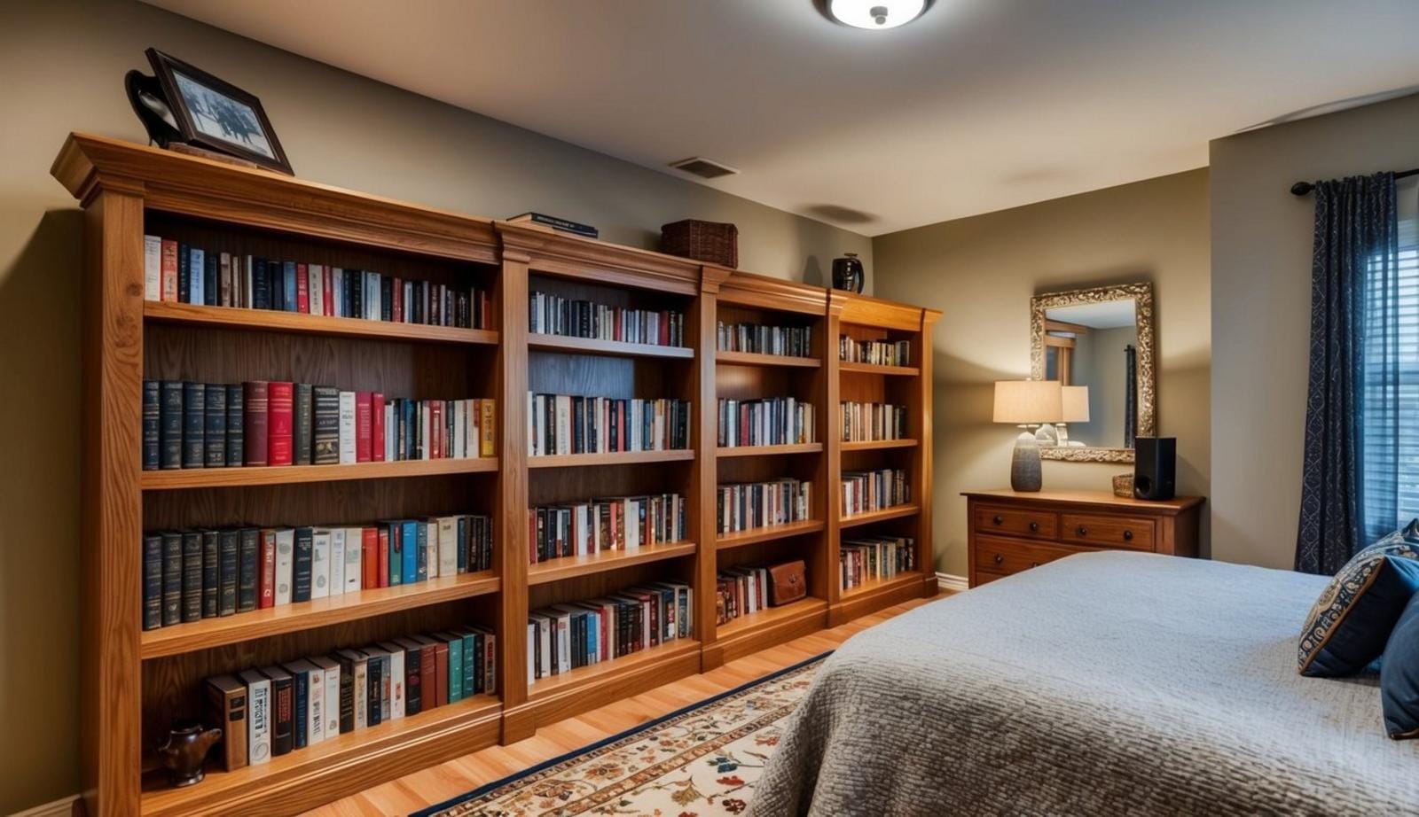 A solid oak bookshelf stands in a classy man cave bedroom