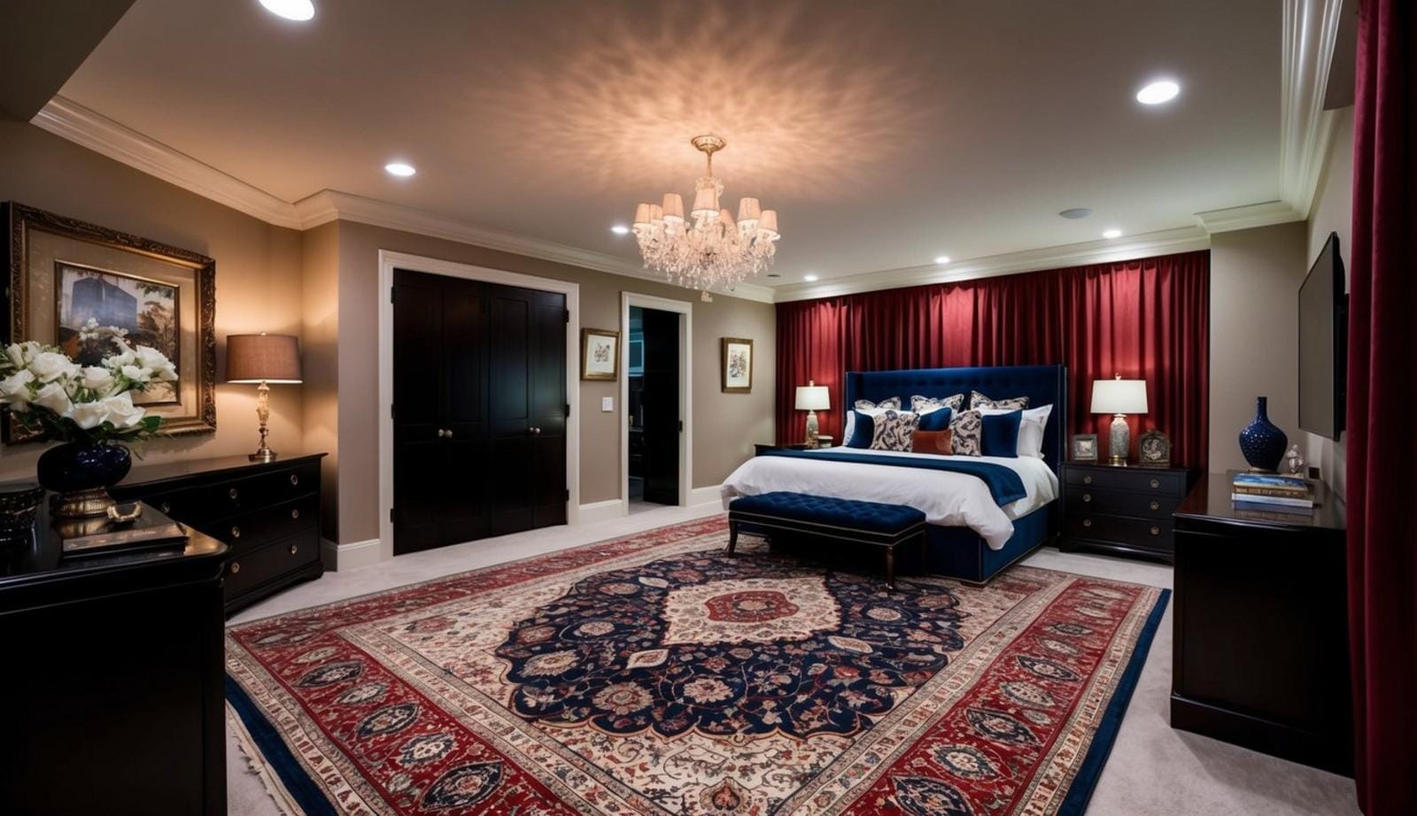 A luxurious Persian rug adorns a classy man cave bedroom