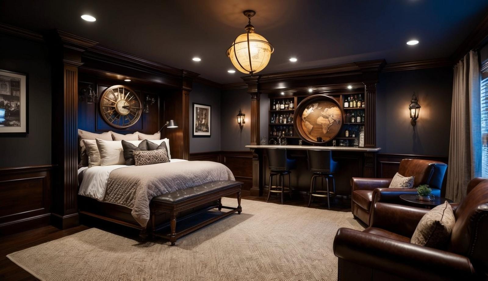 A dimly lit, sophisticated man cave bedroom with an antique globe bar as the focal point. Rich wood accents and leather furniture complete the classy atmosphere
