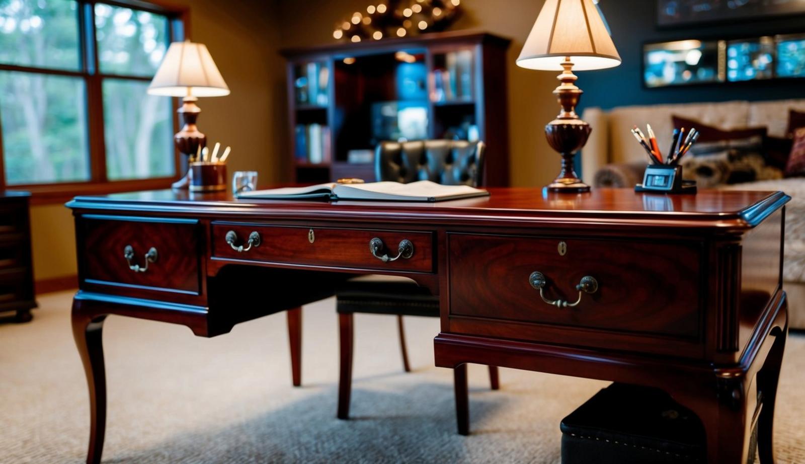 A mahogany writing desk sits in a classy man cave bedroom